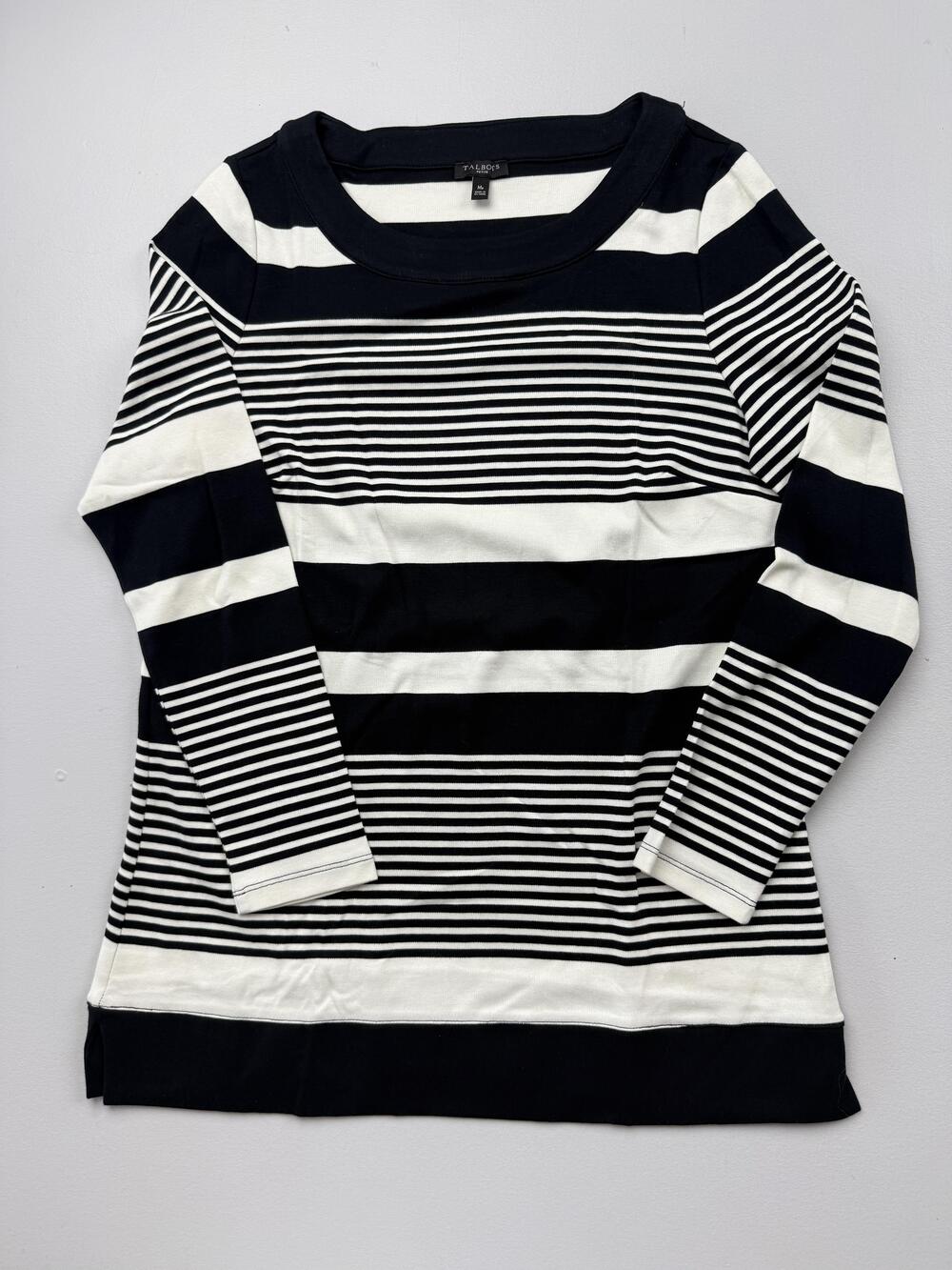 Talbots Shirt Womens MP Petite Black Stripe Boat Neck 3/4 Sleeve Knit Top Casual